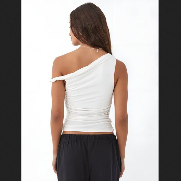 Commense Large White Asymmetrical Cold Shoulder Top Summer Vacation Coastal NEW - Picture 2 of 2